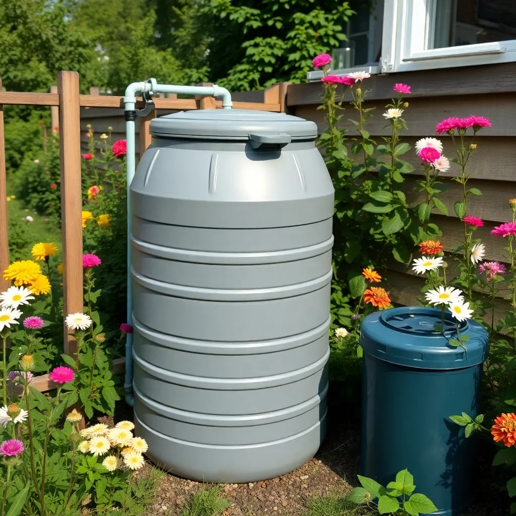 Regenton geÃ¯nstalleerd in Nederlandse achtertuin naast bloeiende planten